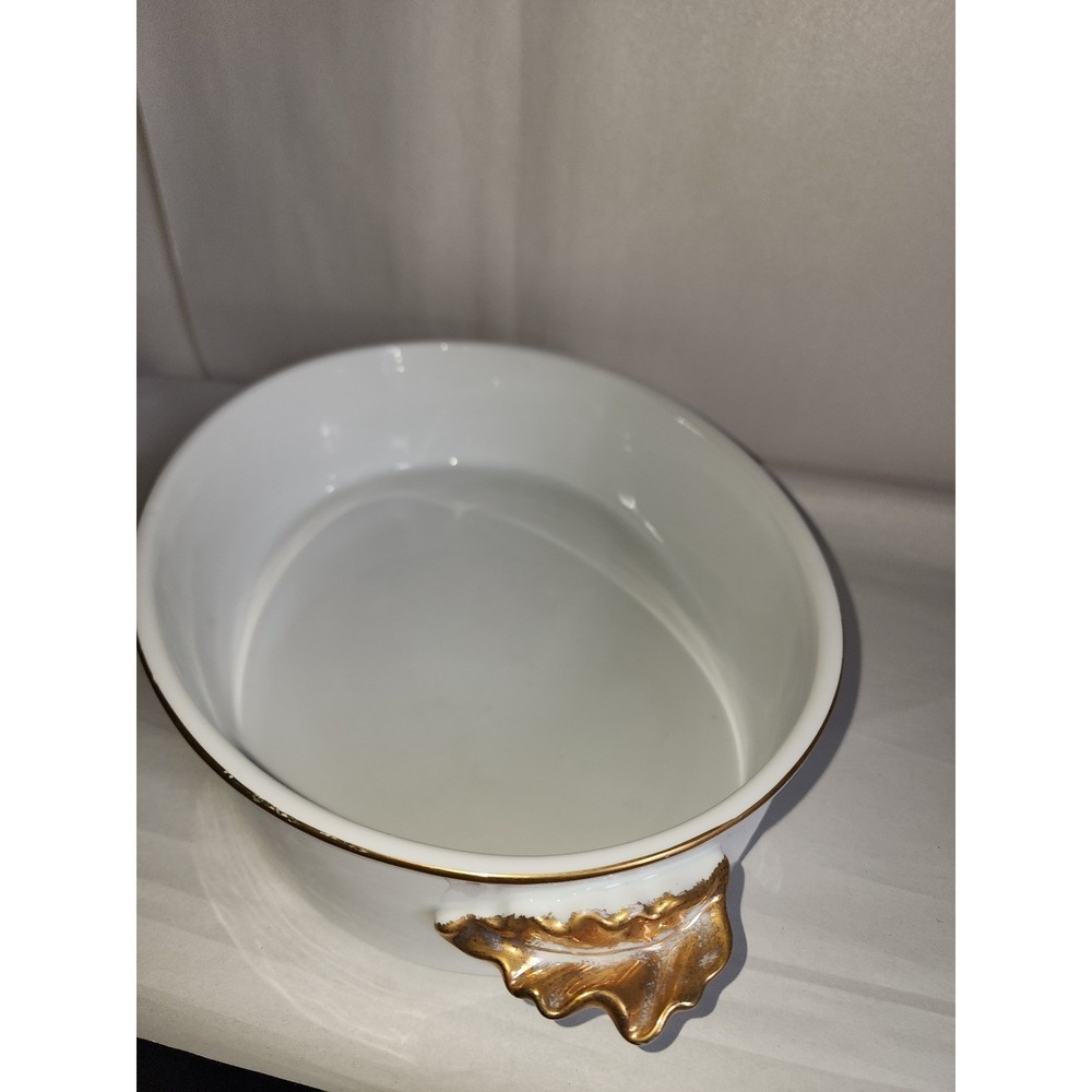Golden Heirloom Oven Ware White Oval Casserole Dish 22k Gold Trim Leaf Handles